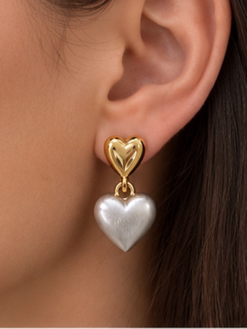 Two-Tone Heart Drop Earrings — Gold Top with Silver Heart.